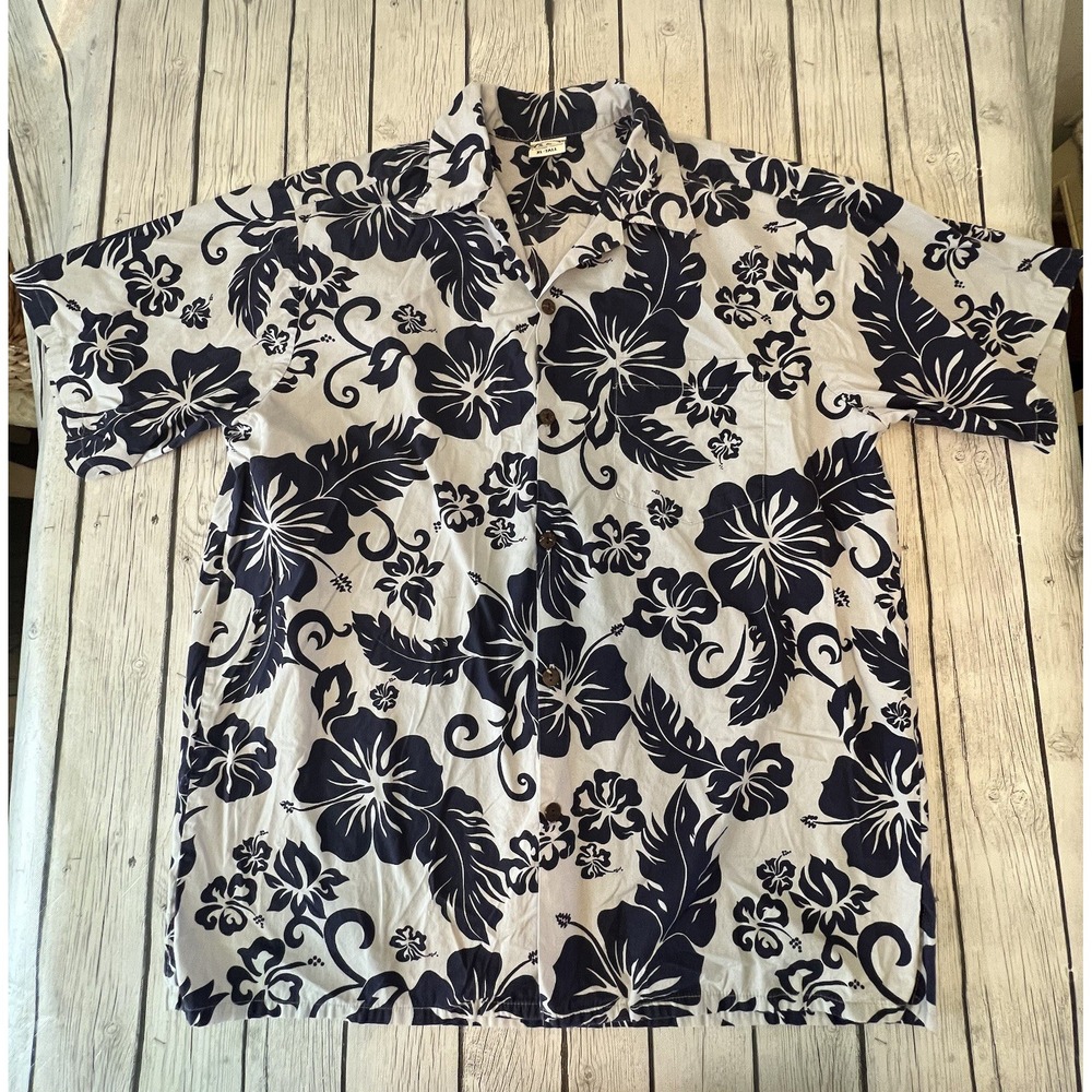 Go Barefoot Hawaiian Tradition Full Button Up Shirt XL Tall Blue And White